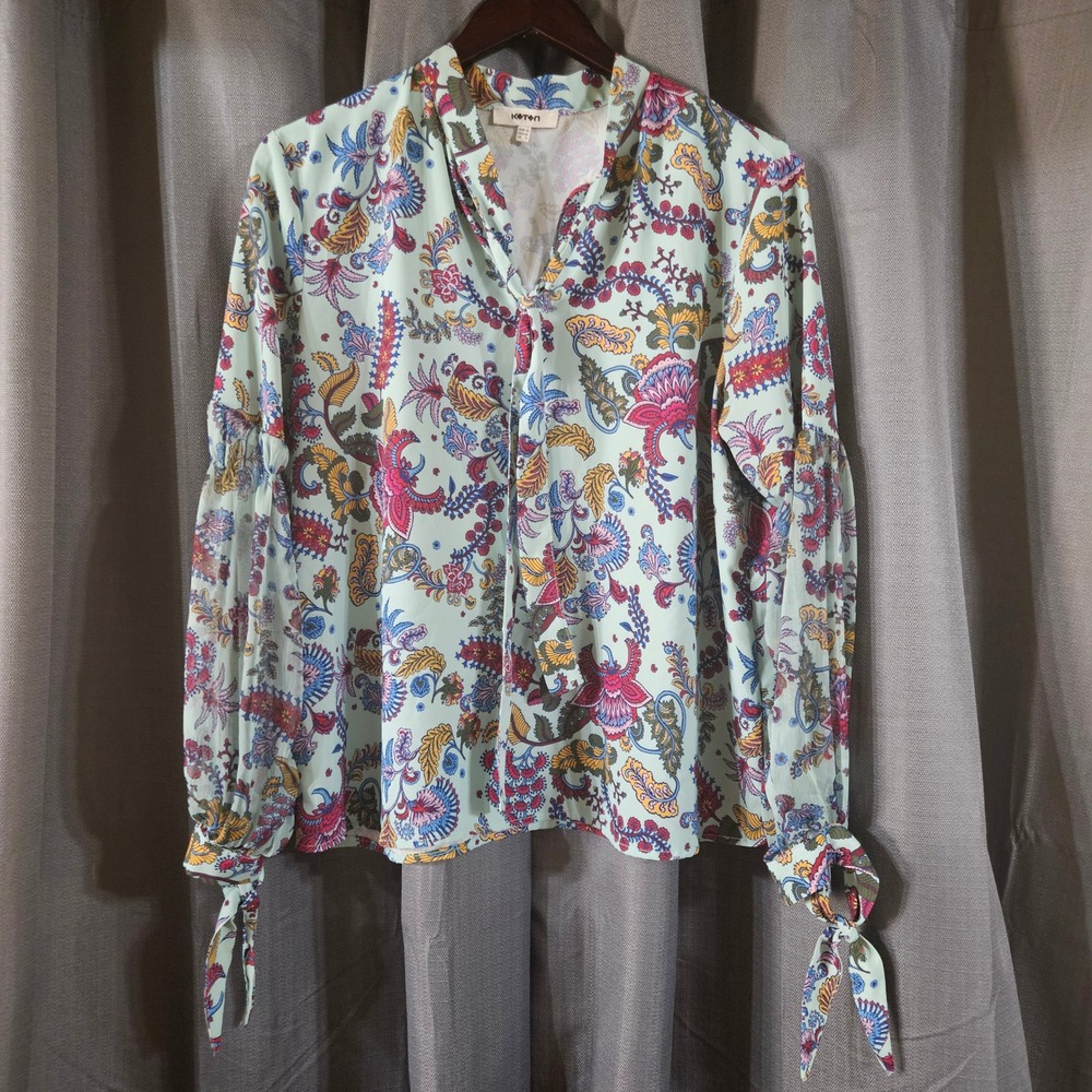 Koton Women Mint Green Paisley Floral Balloon Sleeve Tie Cuff Blouse UK 16 US L